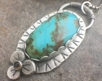 Turquoise Smokey Quartz Sterling Silver Flower Necklace