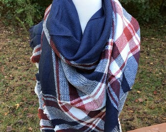 Navy Blue and Burnt Orange Blanket Scarf