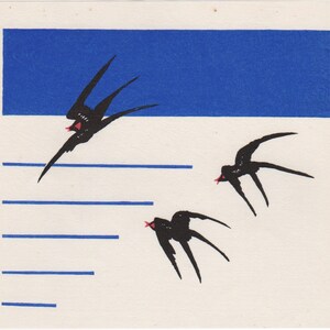 Flying Swallows. Modern Abstract Woodcut. Japanese Woodblock Print by Shin Makoto Kobayashi. Sosaku Hanga. 1985.
