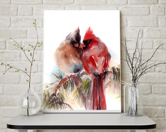 Couple Cardinal Birds Pair Art Print, Watercolor Print, Watercolor Painting of Birds, Northern Cardinals Painting, Bird Art