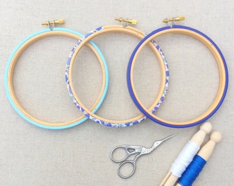 Modern Embroidery Hoop Set. Frames available in five sizes. Liberty of London, Blue 'D'ajio D', Tana Lawn cotton.