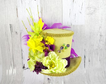 Green, Purple, and Yellow Flower Garden Large Mini Top Hat Fascinator, Alice in Wonderland, Mad Hatter Tea Party, Derby Hat
