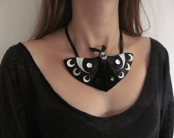 Death's Head Moth Statement necklace,Bib necklace,black butterfly leather necklace,mother of pearl,dark boho,tribal Gothic black butterfly