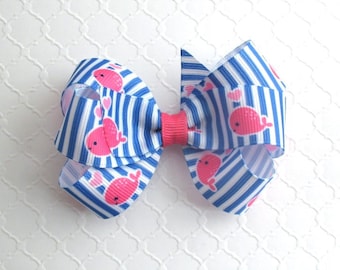 Preppy Whale Hair Bow ~ Hot Pink, Royal Blue Pinstripe Hair Bow