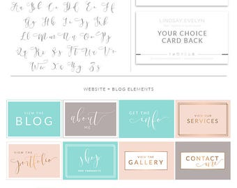 Teal Honeycomb Calligraphy Watercolor, Photography Branding Kit Logo Design, Rose Gold Blush, Premade Submark Watermark Stamp, 032