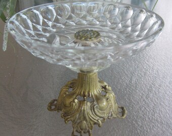 Vintage pedestal brass base L&LWMC crystal candy dish
