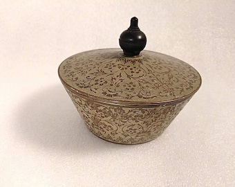 Vintage Painted Brass Trinket Bowl with Lid with Wooden Handle