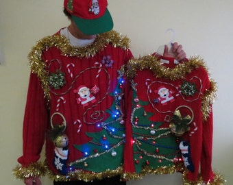 Made to order Matched set tacky Ugly Chrismtas Sweaters Light UP Christmas Trees half n half front & back