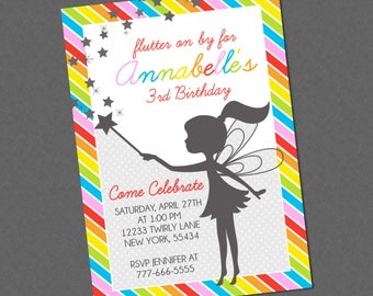 Rainbow Fairy Birthday Invitation , Fairy Party Invites , Rainbow Fairy Birthday , Fairy Silhouette Invite , Fairy Party Invitations