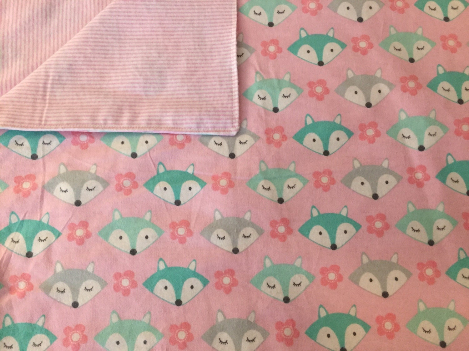 Large Baby Blanket Swaddle Reversible Foxes Pink Grey