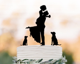 Unique Wedding Cake topper 2 dogs, Cake Toppers with Groom lifting bride, funny wedding cake toppers silhouette, two dog cake topper