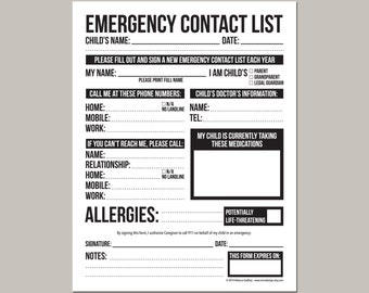 Emergency Contact Form for Nanny, Babysitter or Daycare: printable pdf sheet