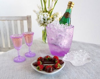 Miniature CHAMPAGNE on ICE Set with CHOCOLATE Covered Strawberries - Realistic Food & Drink 1:6 Scale for Fashion Dolls and Action Figures