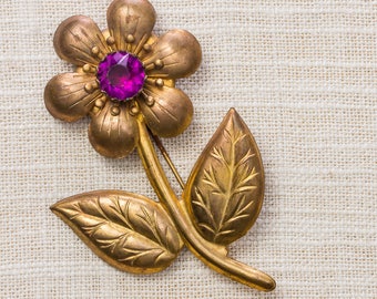 Gold & Purple Vintage Flower Brooch 1920s - 1930s Art Deco Broach Vtg Pin 7ii
