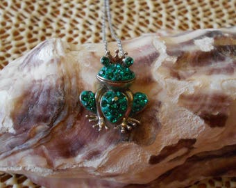 Frog Prince Green Crystals 925 Sterling Silver Pendant 18" Necklace