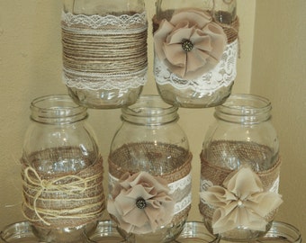 Set of 10 Mason Jar Sleeves, Burlap Wedding Decorations, Rustic Wedding Centerpieces, Burlap and Lace, Jar not Included