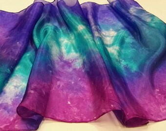 Hand Painted Silk Scarf in Vibrant Blue, Turquoise, Purple and Pink in an Abstract Design