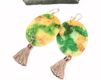 Yellow and Green Carved Jade Earrings