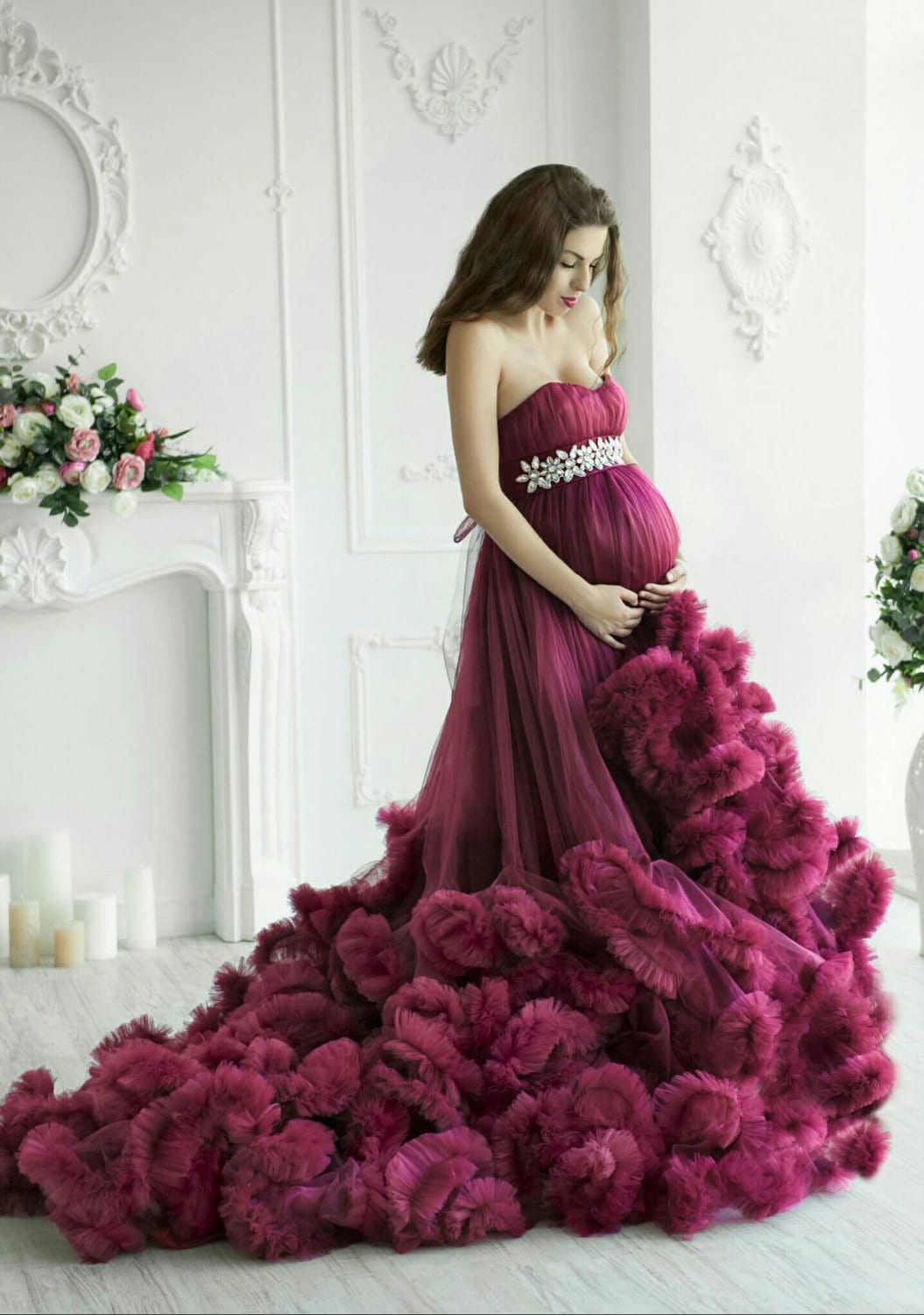 Maternity ruffled tulle dress photoshoot Maternity gown