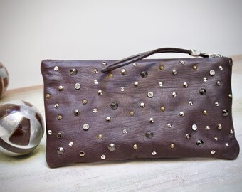 studded clutch, brown leather clutch hand made, studded purses, pochette brown with studs and strass