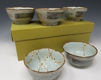Japanese, Rice Bowls, Set of 5, Light Blue