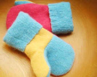 Kids Fuzzy Fun Mittens, Sweater Mittens, Lined, Upcycled, Lambswool, Angora, Cashmere, Size 4-6