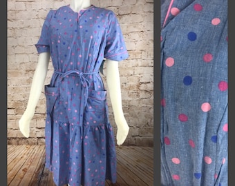 Vintage 80's 90's "Denim" Polka Dot Dress with Pockets - Deadstock vintage dress - belted dress