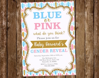 Gender Reveal Invitation, Blue or Pink, Gold, Baby, Party Baby Shower - Digital or Printed