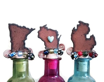 MINNESOTA WISCONSIN or MICHIGAN Rusty Rustic Rusted Metal Decorative Wine Bottle Cork Stopper Topper Retail and Wholesale
