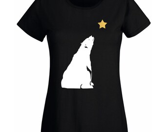 Womens Bear Gazing Polar Bear T-Shirt with Gold Star / Alternative to a Christmas Jumper