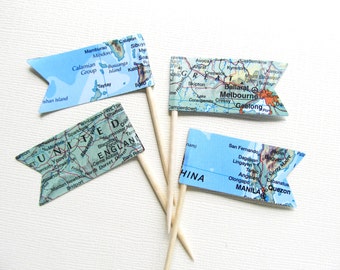 Vintage Map Pennant Flag Cupcake Toppers, Party Decor, Double-Sided, Travel Theme Weddings, Showers, Nautical, Set of 15