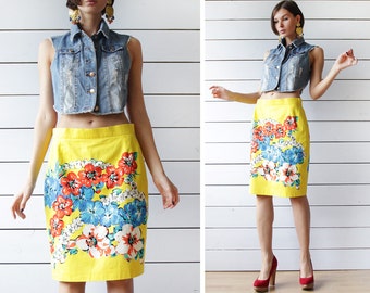 ESCADA vintage yellow floral print cotton high waist fitted pencil knee length midi skirt S M
