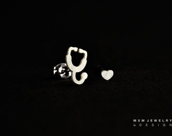 Sterling Silver Stethoscope & Heart Stud Earrings