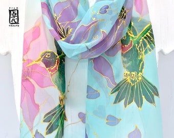 Handpainted Silk Scarf, Blue Silk Scarf, Bird Scarf, Chiffon Scarf, Aqua Blue Scarf, Pink Clematis and Green Hummingbirds, Made to order