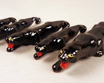 SALE- Set of Five Vintage Black Panthers 1950s Fifties Made in Japan by Victoria Ceramics, Kitsch Japanese Ceramics, Figures Figurines