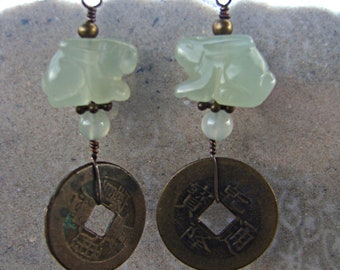 Bermese Jade Bunny with Chinese Coins Earrings