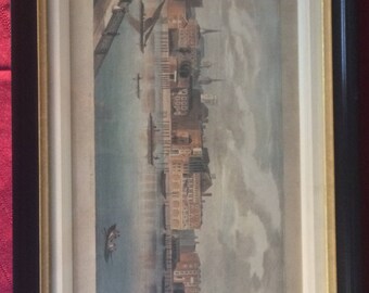 Spectacular ANTIQUE/VINTAGE PRINT of an English cityscape scene with Bridge, Brewery, Church, etc... double wood matting, orig. price 325!