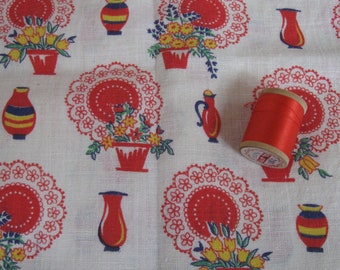 Antique Vintage Quilt Feedsack Fabric Bundle Scraps Novelty Red Lace Doily Flower Pot & Spool of Thread