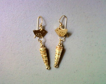 Gold, Brown and Teal Bird Earrings (1167)