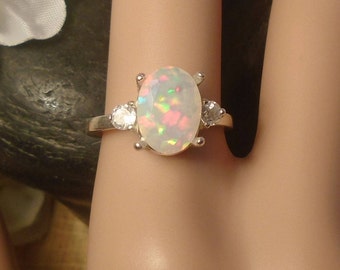 Light Blue Ethiopian Fire Opal 2 Birthstone Accent Gems Ring,Sterling Silver Ring, 1.11 Cts 10.00 x 7.50 mm AAA+++ Ethiopian Fire Opal