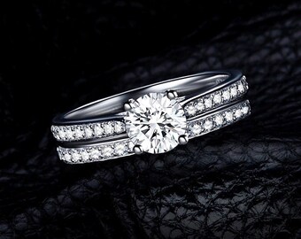 1 ct Solid Sterling Silver Round Cut Cubic Zirconia Bridal Set Rings Classic Engagement Set of 2 Rings Wedding Set Promise Solitaire Rings