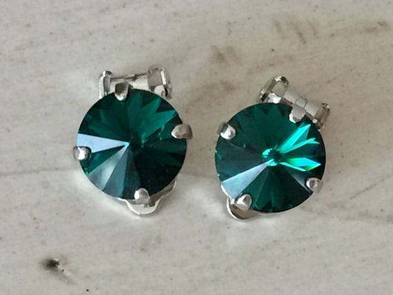 Emerald Crystal Clip On Earrings, Silver
