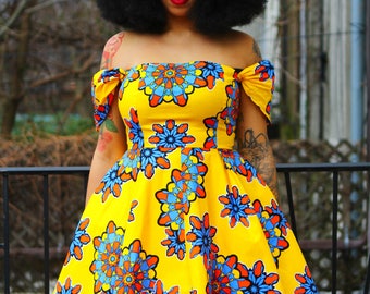 ADE - Yellow Flower African Ankara Wax Print Off the Shoulder Dress SM-XXL