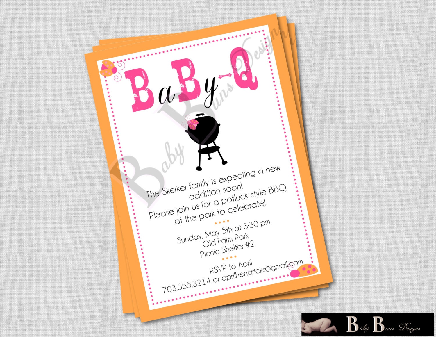 BabyQ Coed Baby Shower Invitation BBQ pink orange lady