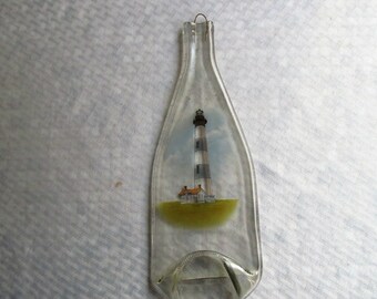 Lighthouse, melted bottle, slumped bottle, melted glass, slumped glass, spoon rest, wall art, wall hanging, cheeseboard, recycled glass