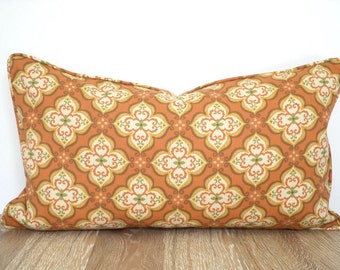 Burnt orange lumbar pillow cover for outdoor furniture, rust outdoor pillow case fall decor, ikat cushion for outside bench, outdoor lumbar