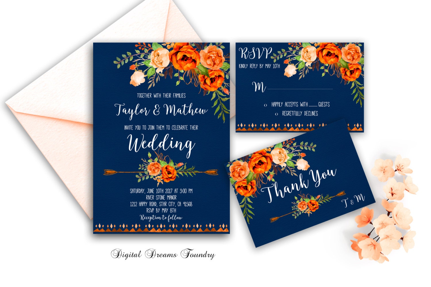 Navy Blue Wedding Invitation Floral Wedding Invitation