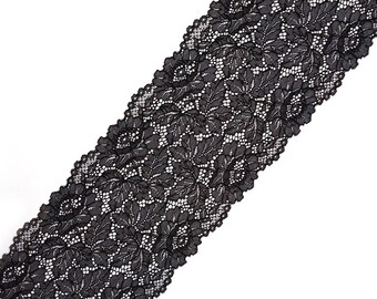 Stretch Lace black color, lace trim, lingerie lace, wide lace, Black lace trim, lace width 6.49 inch, lace 16.5 cm, lace per meter, Nr 2246