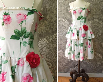 vintage 1980s dress <> 1980s floral print dress <> 80s cotton dress <> 80s party dress with floral rose print