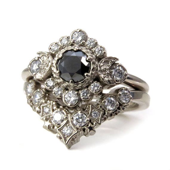 Black and White Diamond Engagement Ring Set -Diamond Stardust Chevron Stacking Wedding Band - Celestial Wedding Set